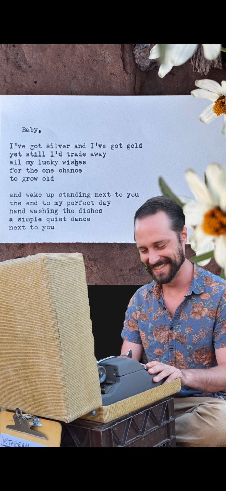 Teo Luz smiling down at a vintage Smith-Corona typewriter in its tweed case, a typed poem pinned above him